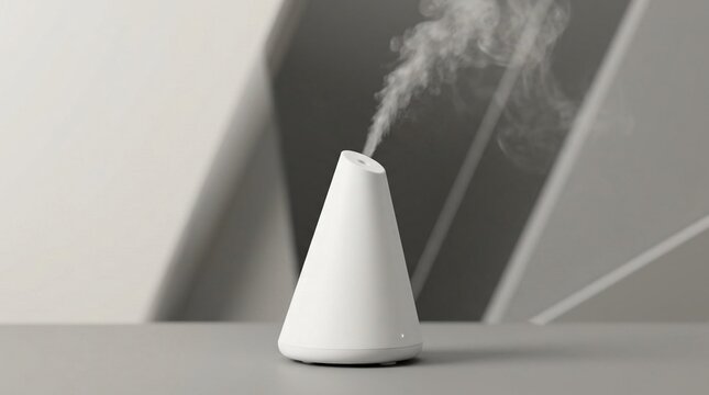 Modern white conical aromatherapy diffuser releasing a stream of cool mist on a gray table against a minimalist geometric background with clean lines and soft studio lighting.