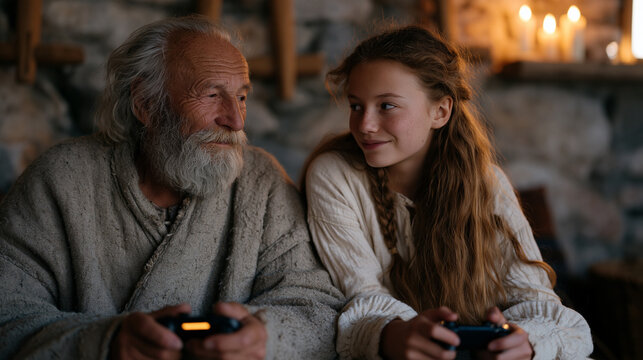 An elderly man and his teenage granddaughter sit close together in candlelight, the grandfather gripping a game controller in a salt harvesting cooperative's break room, ancestral