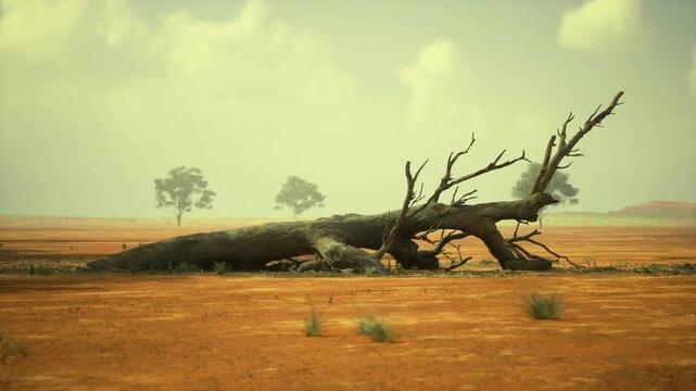 Desolate arid plain with fallen tree. Bleak heathazed sky, scattered tussock grass, cracked soil and distant scrub convey climate stress and solitude. Muted