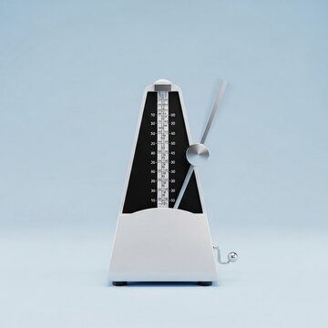 Modern white mechanical metronome with a silver oscillating pendulum and numerical scale for rhythm and tempo tracking, isolated on a light blue background for music education.