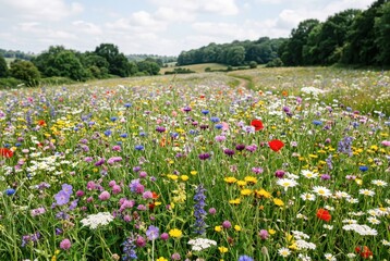 Obraz premium Field of wild summer flowers under blue sky.