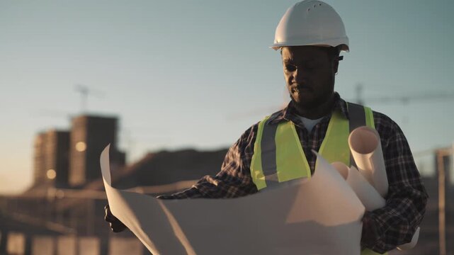 Professional auditor checking drawings of building under construction, black man. Control works of reconstructing old historic buildings, restoration and repair of ancient architectural landmarks