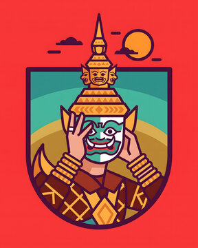 Line Art Vector Badge of Traditional Asian Masked Dancer