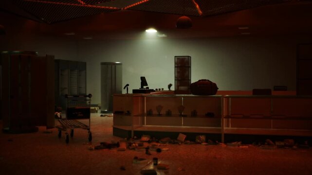Looted food stall with overturned shopping cart, toppled shelves and scattered packages around service counter, low light and long shadows emphasize torn
