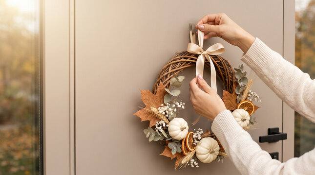 Halloween Decor. Autumn Wreath with White Pumpkin