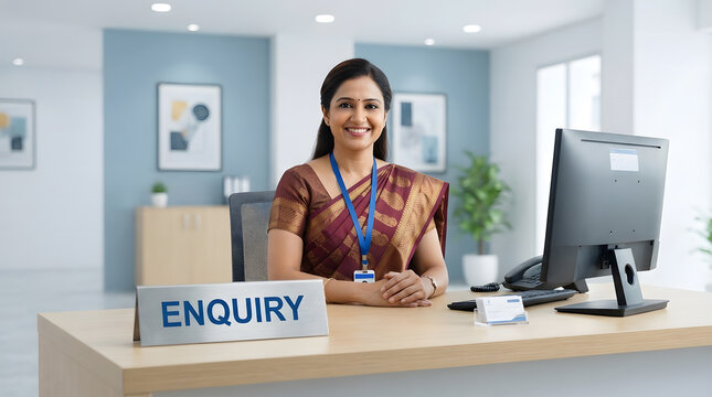 Indian female receptionist at enquiry desk in corporate office with receptionist