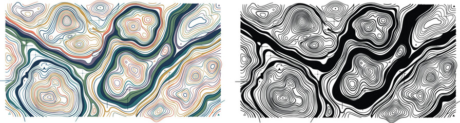 Colorful and black contour map illustration set with irregular concentric elevation lines abstract topographic terrain and geographic vector graphics © Niheranjan