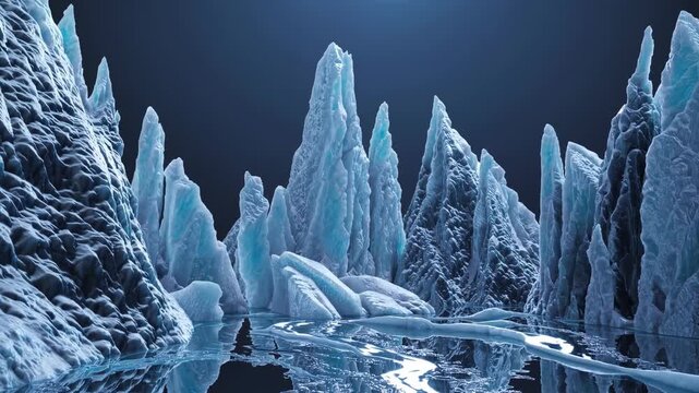 Ice formations in a frozen landscape reflect light, showcasing jagged peaks and smooth surfaces in a serene, icy environment with a dark background