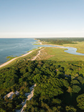 Aerial view of Cape Cod coastline and marshland