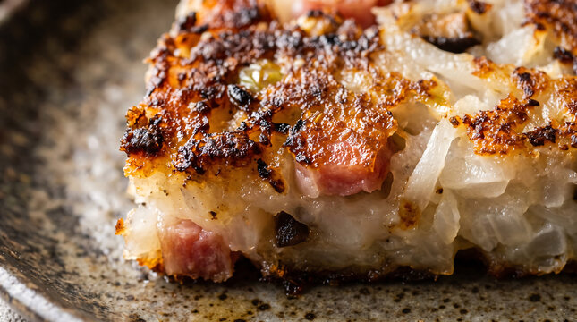 Macro Close-Up of Pan-Fried Chinese Turnip Cake with Golden Crispy Crust, Diced Chinese Sausage, and Shredded Radish
