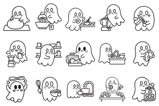 Cute Kawaii Ghost Baking and Kitchen Activity Icons Set Cooking Coffee Dessert Food Preparation Outline Vector Collection