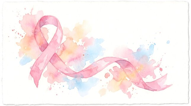 A beautiful watercolor illustration of a pink breast cancer awareness ribbon set against a soft colorful abstract background