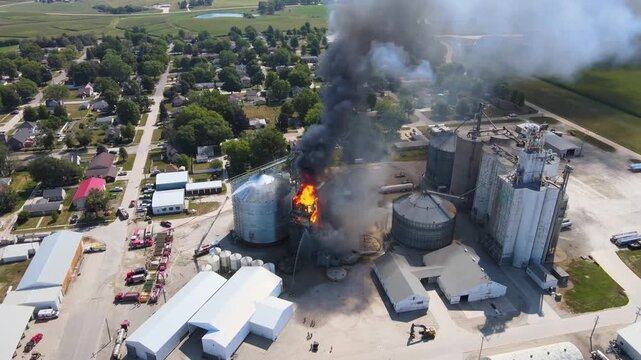 Aerial view of a dramatic fire burning inside a grain storage elevator silo facility in rural midwest.