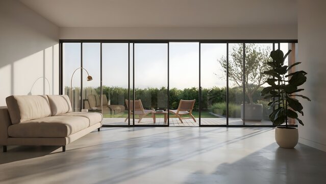 Modern minimalist living room interior with large sliding glass doors opening to a patio with lounge chairs and a garden view
