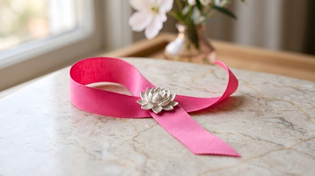 A beautiful bright pink satin ribbon sash with a decorative silver floral buckle resting on a textured table surface
