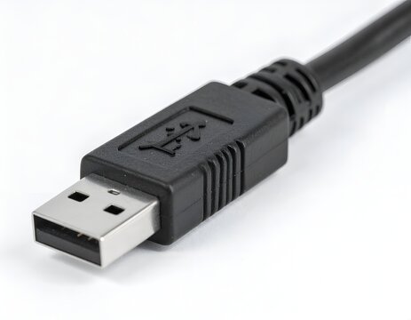 Close up of a black USB type A connector cable isolated on a white background