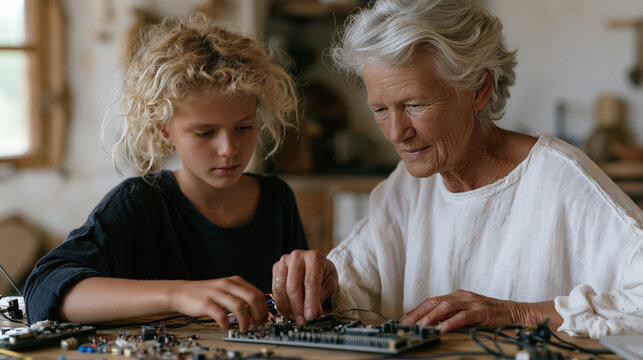 A robotics engineer grandmother teaching her teenage granddaughter basic circuit soldering in a quiet rural kitchen, intergenerational interaction framed warmly, components spread