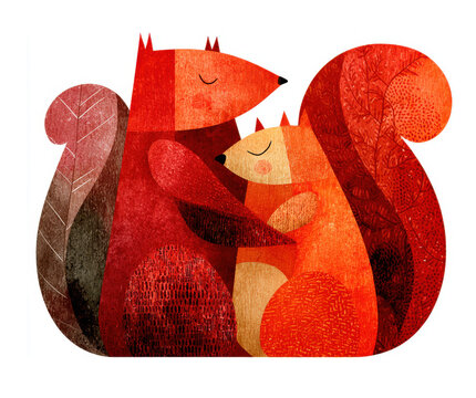 Cute watercolor squirrel family sleeping together peacefully on a clean isolated white background illustration