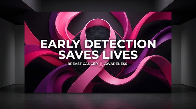 Breast cancer awareness background with a pink ribbon and the text early detection saves lives on dark background