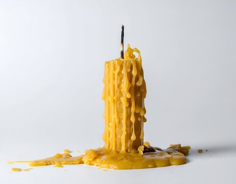 Melted Yellow Beeswax Pillar Candle with Burnt Wick on a Neutral White Background