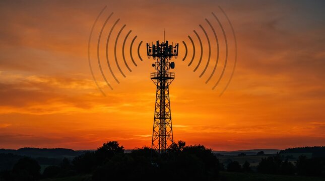 Silhouette of telecommunications tower emitting signal waves at sunset, mobile network connectivity, wireless communication infrastructure against orange sky landscape