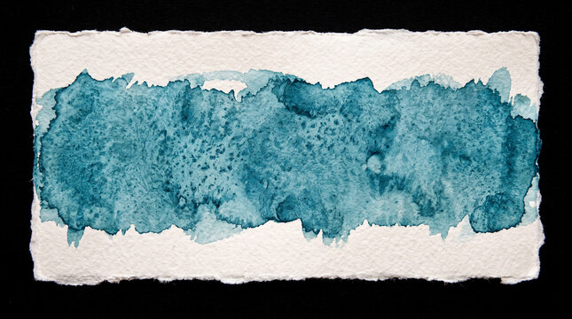 Teal watercolor wash on rectangular torn paper strip background.