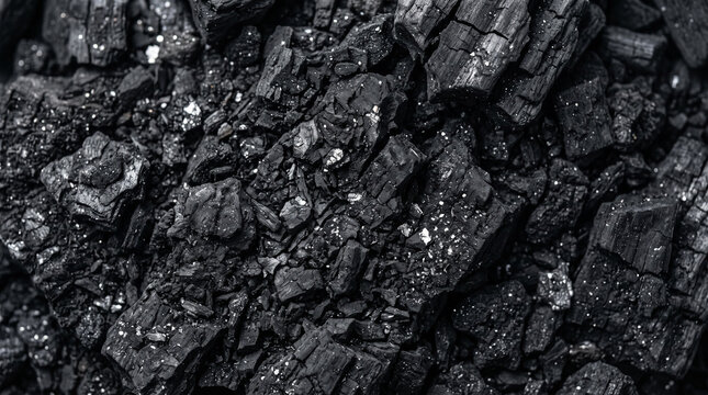 Textured background of black charcoal lumps and coal pieces.