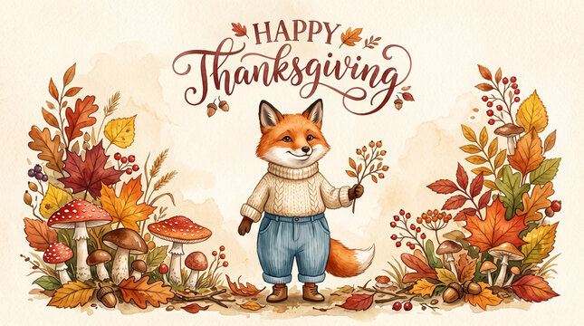 Thanksgiving fox illustration with autumn leaves and mushrooms.