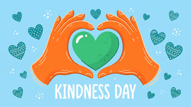 Stylized orange hands framing a green heart for Kindness Day celebration.
