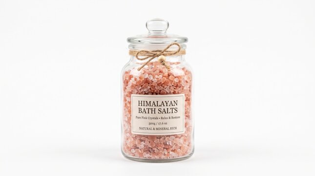 Large glass jar of pink Himalayan bath salts with a rustic twine bow professionally photographed on a clean white background under soft studio lighting for a natural wellness aesthetic.