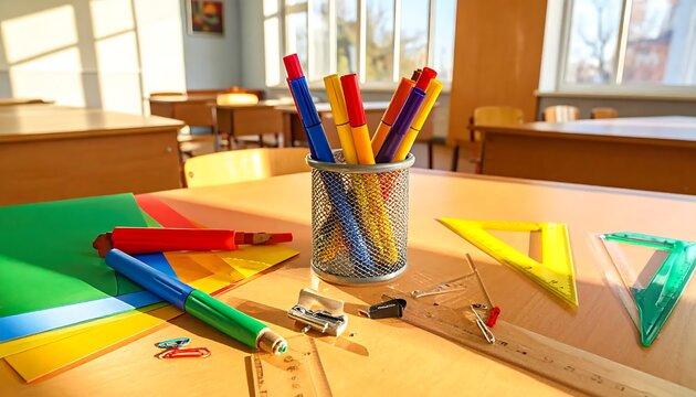 School supplies and geometry tools on a classroom desk.