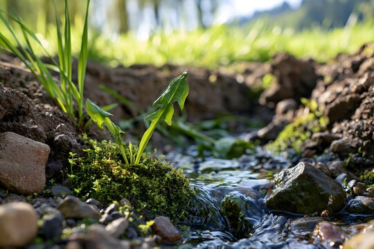 Kleiner nat&uuml;rlicher Bachlauf zwischen Moos und Steinen im gr&uuml;nen Wald