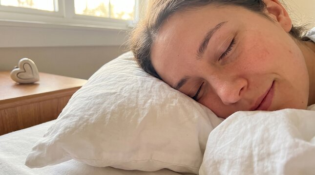 A serene young woman finds peaceful rest and deep rejuvenation while sleeping soundly in a cozy bed during a quiet morning of calm comfort