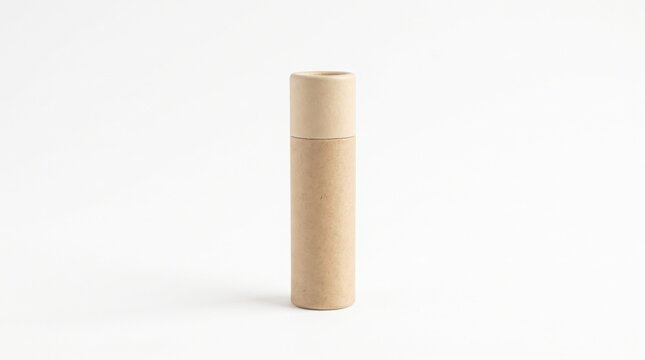 Light brown cosmetic tube standing upright on a clean white background under soft studio lighting showcasing a minimalist and professional aesthetic.