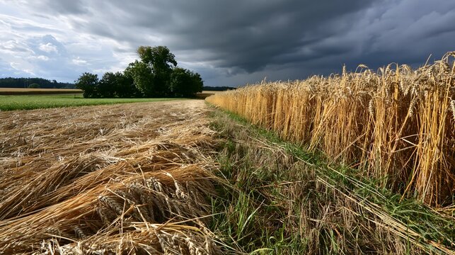Teilweise abgeerntetes Getreidefeld vor dunklen Gewitterwolken