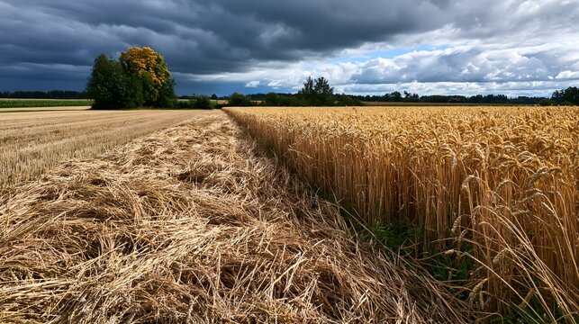 Abgeerntetes Getreidefeld neben reifem Weizen vor einem herannahenden Unwetter