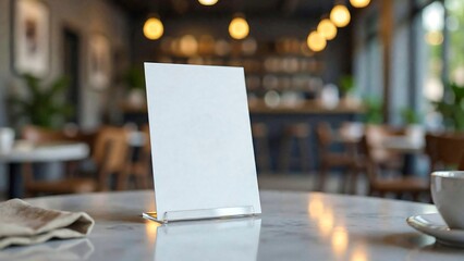 Fototapeta premium Blank white table display card mockup in modern cafe interior background
