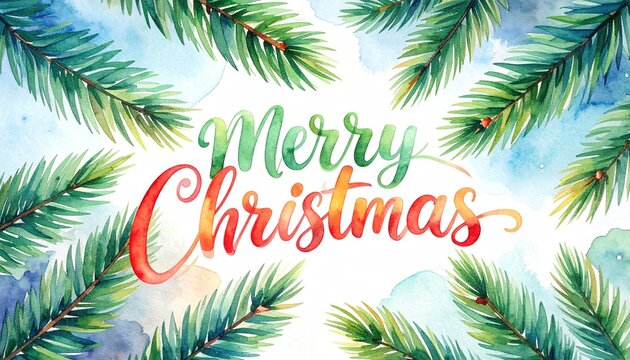 Festive Watercolor Merry Christmas Calligraphy Surrounded by Green Pine and Evergreen Tree Branches on Artistic Background