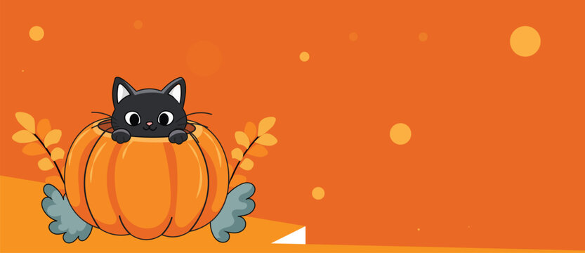 Cute cartoon black cat inside pumpkin halloween banner background