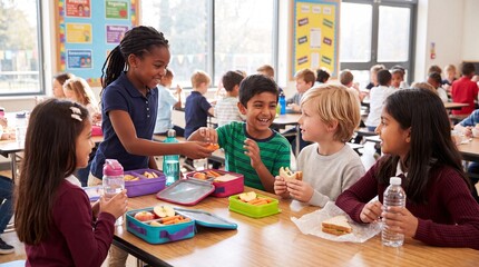 Obraz premium Group of diverse children sharing lunch at a school cafeteria, colorful lunchboxes and drinks on the table, classmates engaged in conversation