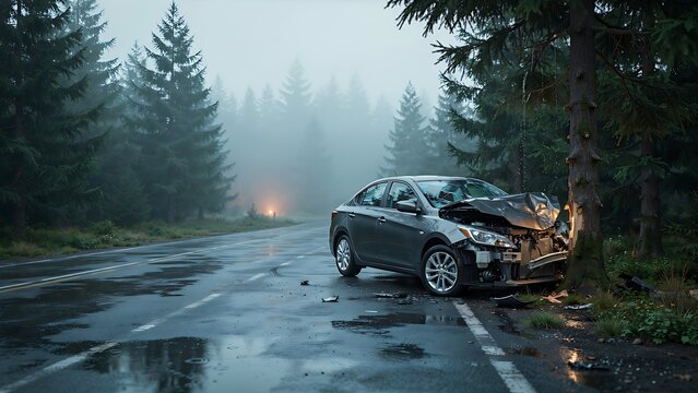 Damaged sedan crashed into a tree on a wet foggy forest road