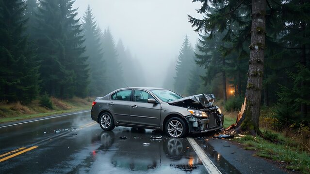 A damaged car crashed into a tree on a wet forest road during foggy weather