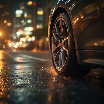 Close up of a car wheel driving on a wet road at night with blurred city lights