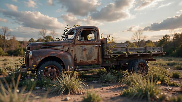 Rusty vintage pickup truck overgrown with plants in a rustic field landscape