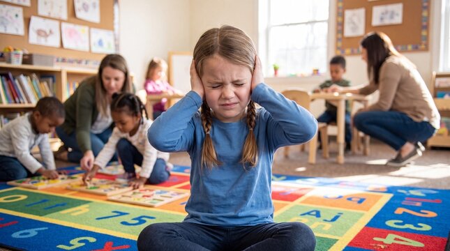 Young girl with pigtails covers ears in a colorful classroom filled with children engaged in various activities and a teacher assisting them