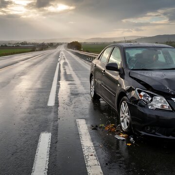Damaged car on a wet and desolate highway during a cloudy day