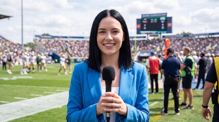 Obraz premium Female sports reporter stands on football field holding microphone, with players and a large crowd visible in the background during a game
