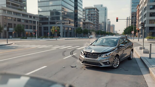 Damaged silver sedan car sits at a city intersection after an accident