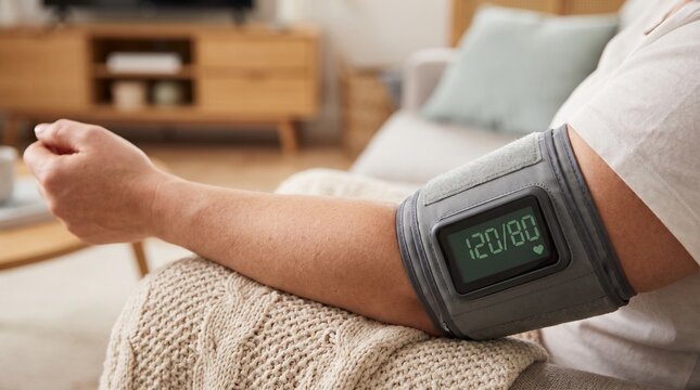 Man measuring his blood pressure using an automatic digital upper arm monitor cuff showing normal reading at home