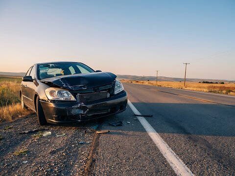 Damaged black car wrecked on the side of an empty rural highway